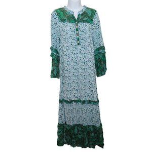 R. Vivimos Maxi Dress S Green Floral Ruffles Long Sleeve Peasant Prairie Cottage